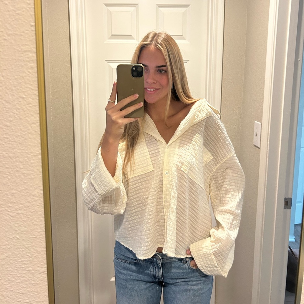 Madewell Textured Cream Button-Down Shirt Size Large
